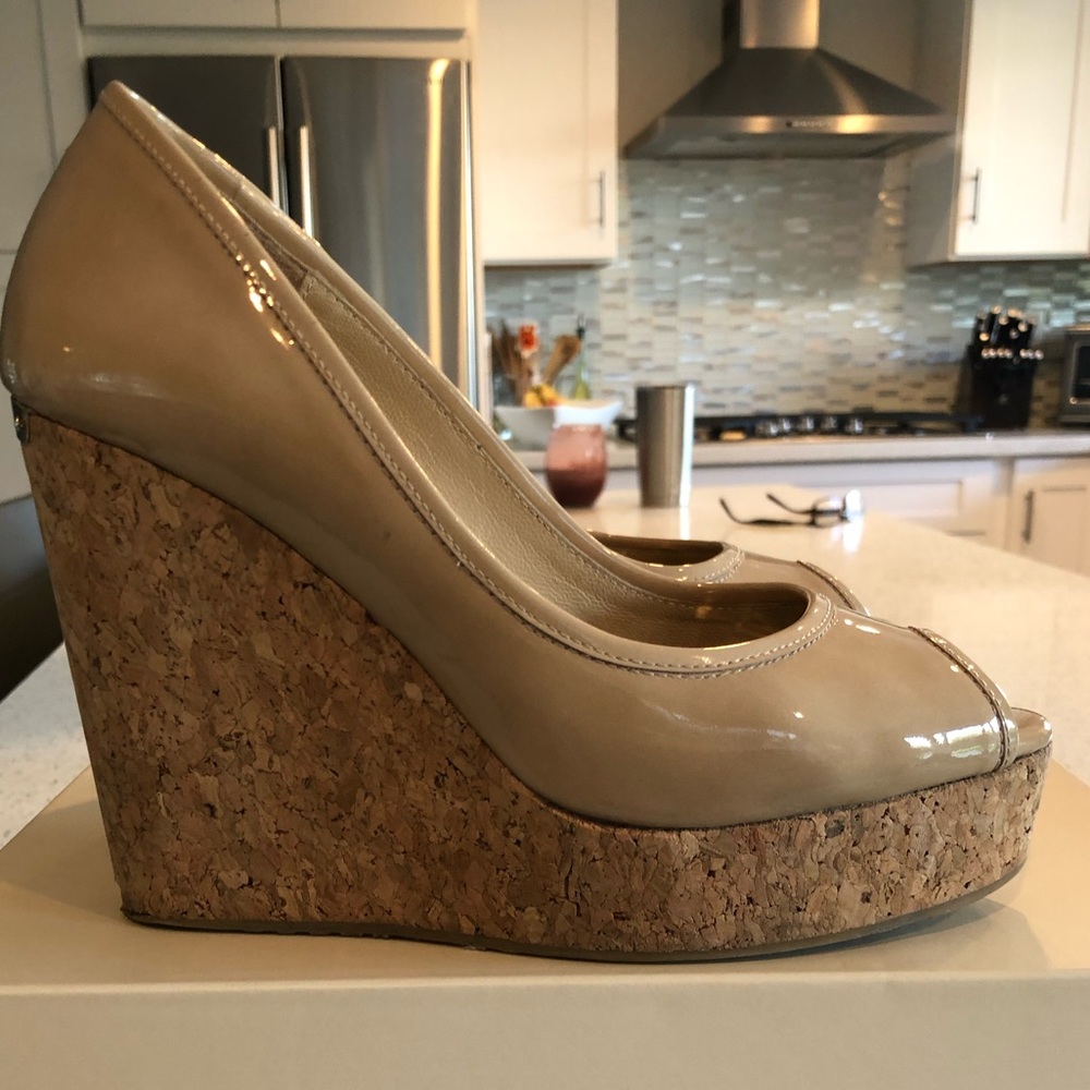 Nude Jimmy Choo peep toe wedges